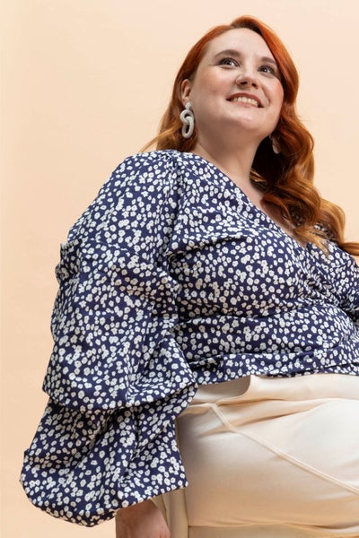 Kaiko, Volume Sleeve Blouse, Flora Navy