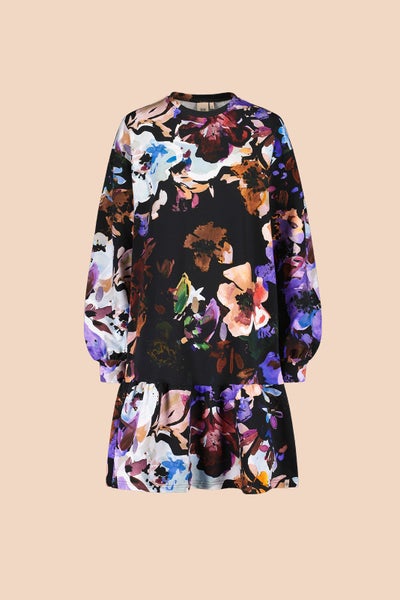 Kaiko, Ruffle Sweatshirt Dress, Black Anemone