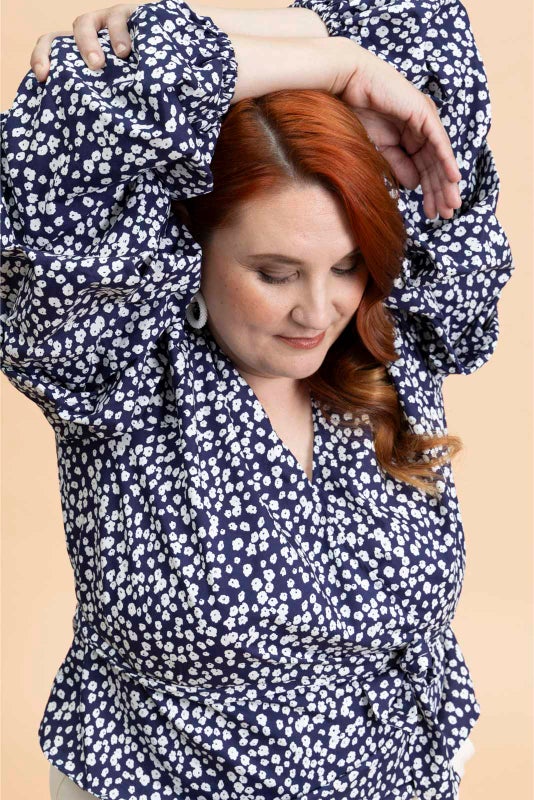 Kaiko, Volume Sleeve Blouse, Flora Navy