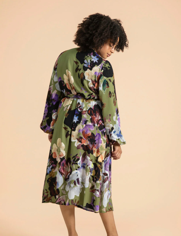 Kaiko, Wrap Midi Dress, Olive Anemone
