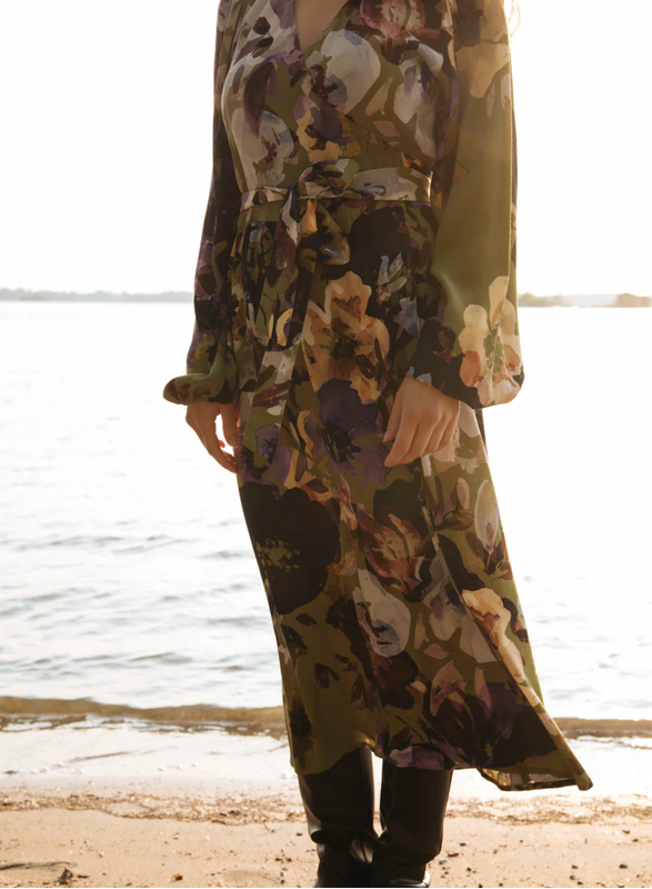Kaiko, Wrap Midi Dress, Olive Anemone