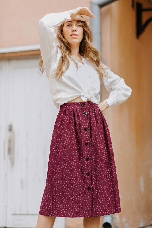 Kaiko, Button Skirt, Vintage Leaf Burgundy