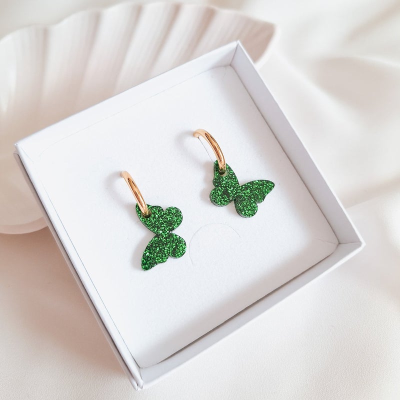 Valla, perhoset korvakorut, Glitter Vihre&auml;